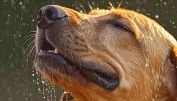 Wet retriever and spaniel playfully splash in summer shower generated by AI photo