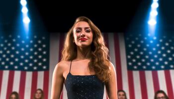 Young adult women smiling, holding American flag, celebrating patriotism indoors generated by AI photo