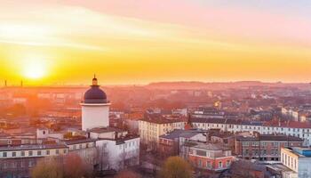 Sunset illuminates famous city skyline, showcasing ancient European architecture generated by AI photo