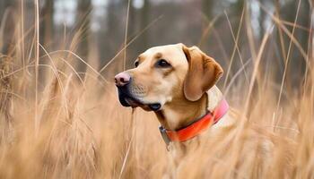 dorado perdiguero perrito caminando en prado, naturaleza belleza rodea generado por ai foto