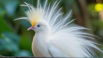 Peacock perching on branch, feathers showcase natural beauty and elegance generated by AI photo