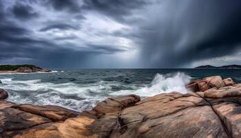 Idyllic seascape rough waves crashing on rocky coastline at sunset generated by AI photo