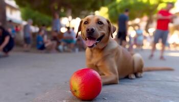 dorado perdiguero perrito jugando con pelota en soleado césped campo generado por ai foto