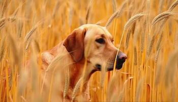 Golden retriever puppy sitting in wheat field, enjoying nature beauty generated by AI photo