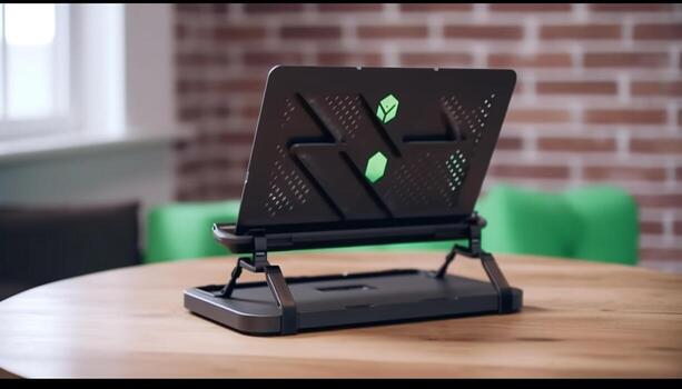 Modern office desk with computer monitor and wireless laptop technology generated by AI photo