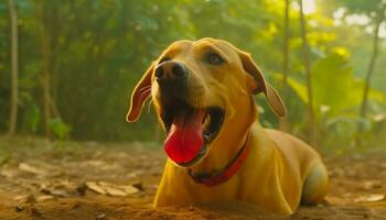 Joyful puppy playing in green meadow with Labrador friend generated by AI photo