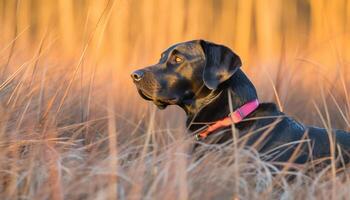 Cute purebred puppy sitting in meadow, looking at the camera generated by AI photo