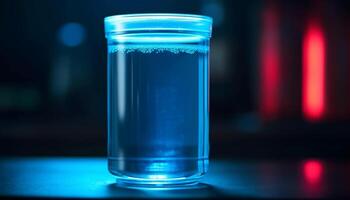 Transparent drinking glass with blue liquid and ice pouring inside generated by AI photo