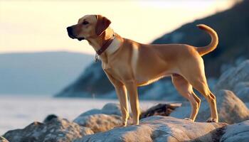 amarillo perdiguero perrito jugando en arenoso playa a puesta de sol generado por ai foto