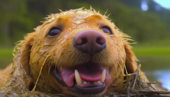 Golden retriever and cocker spaniel playing in green grass outdoors generated by AI photo