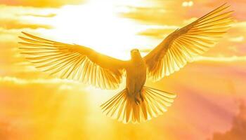 agraciado halcón flotando en medio aire, espalda iluminado por puesta de sol generado por ai foto