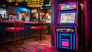 moderno casino bar brilla con neón, ofrecimiento vibrante la vida nocturna entretenimiento generado por ai foto