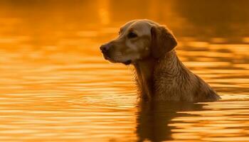 dorado perdiguero perrito sentado por estanque, disfrutando otoño puesta de sol en broma generado por ai foto