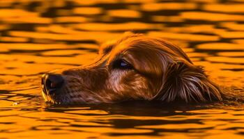 Cute purebred dog sitting in nature, looking at reflection generated by AI photo