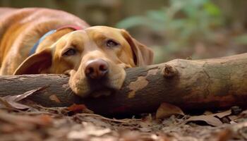 Golden retriever rests in autumn forest, surrounded by yellow leaves generated by AI photo