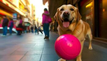 Cute yellow puppy playing with multi colored ball outdoors in summer generated by AI photo