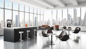 Modern loft apartment with panoramic cityscape view from empty chair generated by AI photo