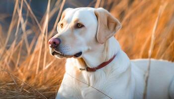 Cute purebred retriever sitting in grass, looking at camera smiling generated by AI photo