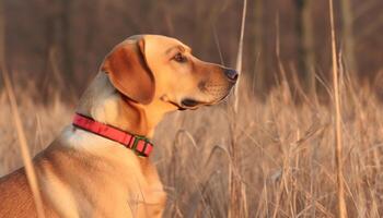 Cute purebred retriever puppy sitting in grass, looking playful generated by AI photo