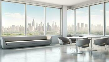 Modern city apartment with panoramic cityscape view from empty window generated by AI photo