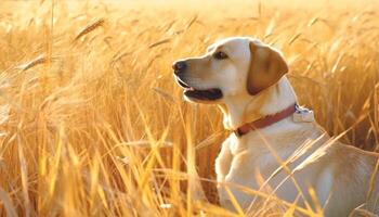 Golden retriever puppy sitting in wheat field, enjoying nature beauty generated by AI photo