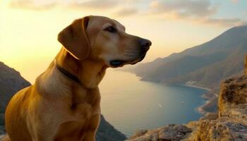 Golden retriever sitting on coastline, looking at tranquil sunset generated by AI photo