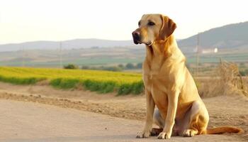 Yellow retriever sitting in grass, looking at camera with friend generated by AI photo