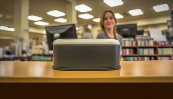 Young adult studying science indoors at library desk with computer generated by AI photo