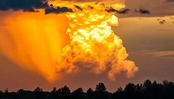 vibrante puesta de sol siluetas majestuoso árbol en dramático temperamental cielo generado por ai foto