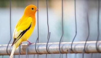 un linda amarillo perico encaramado en un multi de colores rama generado por ai foto