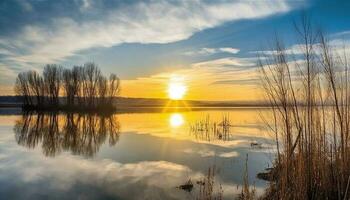 vibrante puesta de sol refleja en tranquilo estanque, siluetas árbol ramas generado por ai foto