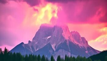 Majestic mountain range, tranquil scene, back lit by sunset generated by AI photo