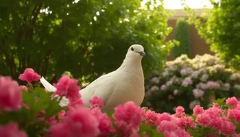 Graceful dove flies over tranquil water, symbol of peace generated by AI photo