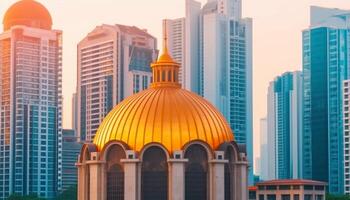 Golden office symbol reflects modern Arabian city skyline at sunset generated by AI photo