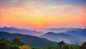 Majestic mountain peak back lit by orange sunset silhouette generated by AI photo