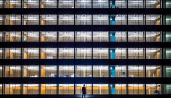 Successful businessman walking in modern city, illuminated by blue light generated by AI photo