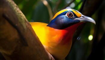 Vibrant macaw perching on branch in tropical rainforest beauty generated by AI photo