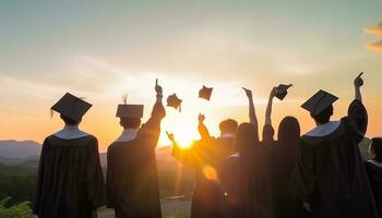 graduados celebrar éxito con diploma, vestido, y alegre sonrisas al aire libre generado por ai foto