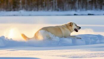 A playful golden retriever runs in the snow filled forest generated by AI photo