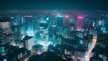 Glowing skyscrapers illuminate the financial district in this futuristic cityscape generated by AI photo