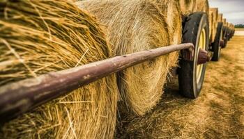 cosecha cebada en el prado con antiguo maquinaria y vacas generado por ai foto