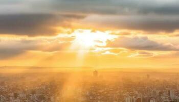 silueta de urbano horizonte en contra dramático puesta de sol cielo, alto arriba generado por ai foto