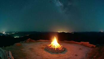 Spiritual journey to illuminated mountain peak ignites celestial celebration generated by AI photo