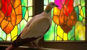 Colorful bird perches on stained glass window, symbolizing spirituality generated by AI photo