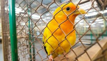 Vibrant macaw perching on branch, feeding young in nature aviary generated by AI photo