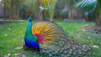 Vibrant peacock displays beauty in nature tropical rainforest elegance generated by AI photo