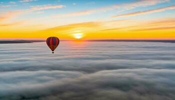 Hot air balloon adventure, flying high above mountain landscapes generated by AI photo