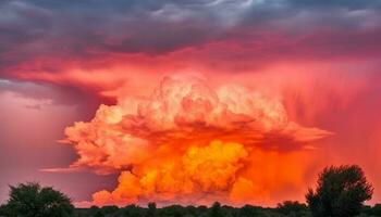 Vibrant sunset sky over rural meadow, beauty in nature generated by AI photo