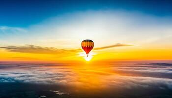 Hot air balloon soars mid air, offering panoramic travel destinations generated by AI photo