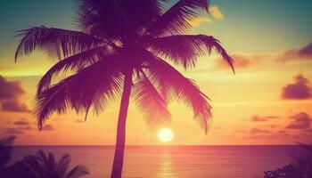 tranquilo puesta de sol terminado tropical línea costera, Perfecto para verano vacaciones generado por ai foto